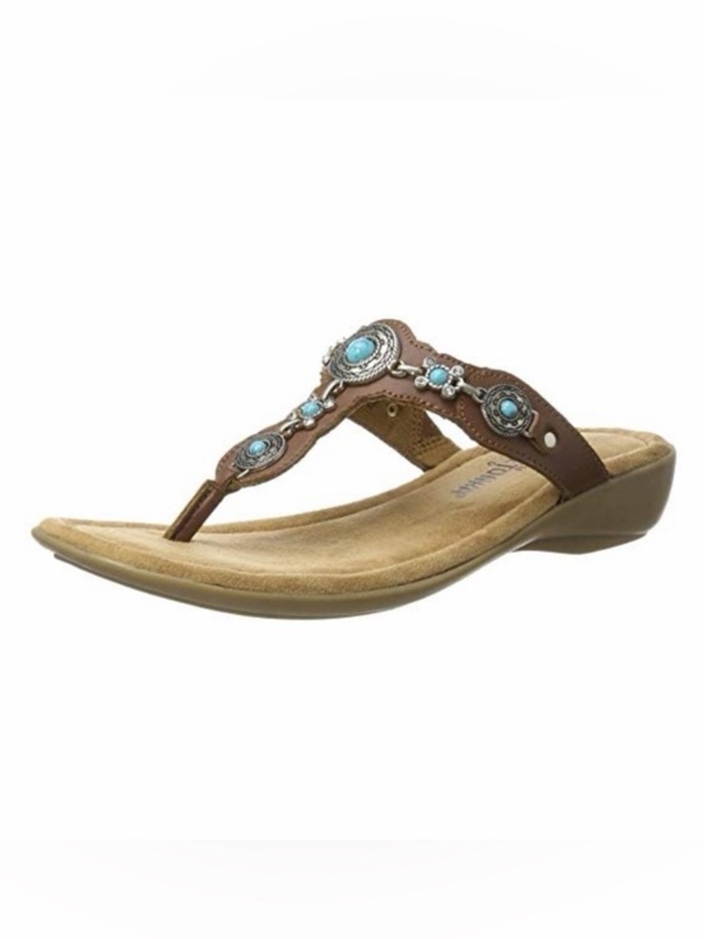 Minnetonka Boca Thong III wedge sandals tan leather turquoise color stones Sz 11
